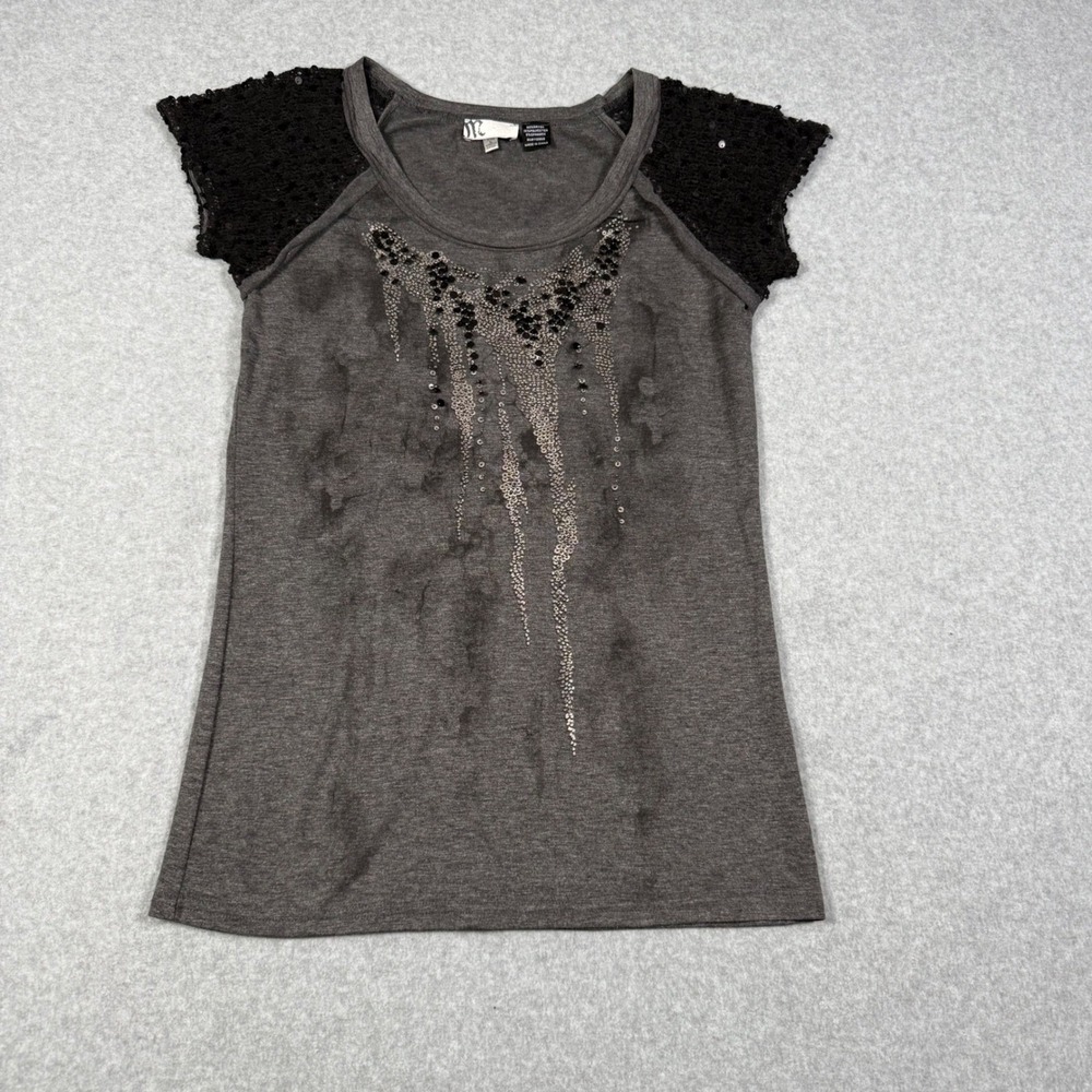 Vintage Y2K Miss Me Gray Embellished Sequin Lace Short Sleeve Scoop Top Large